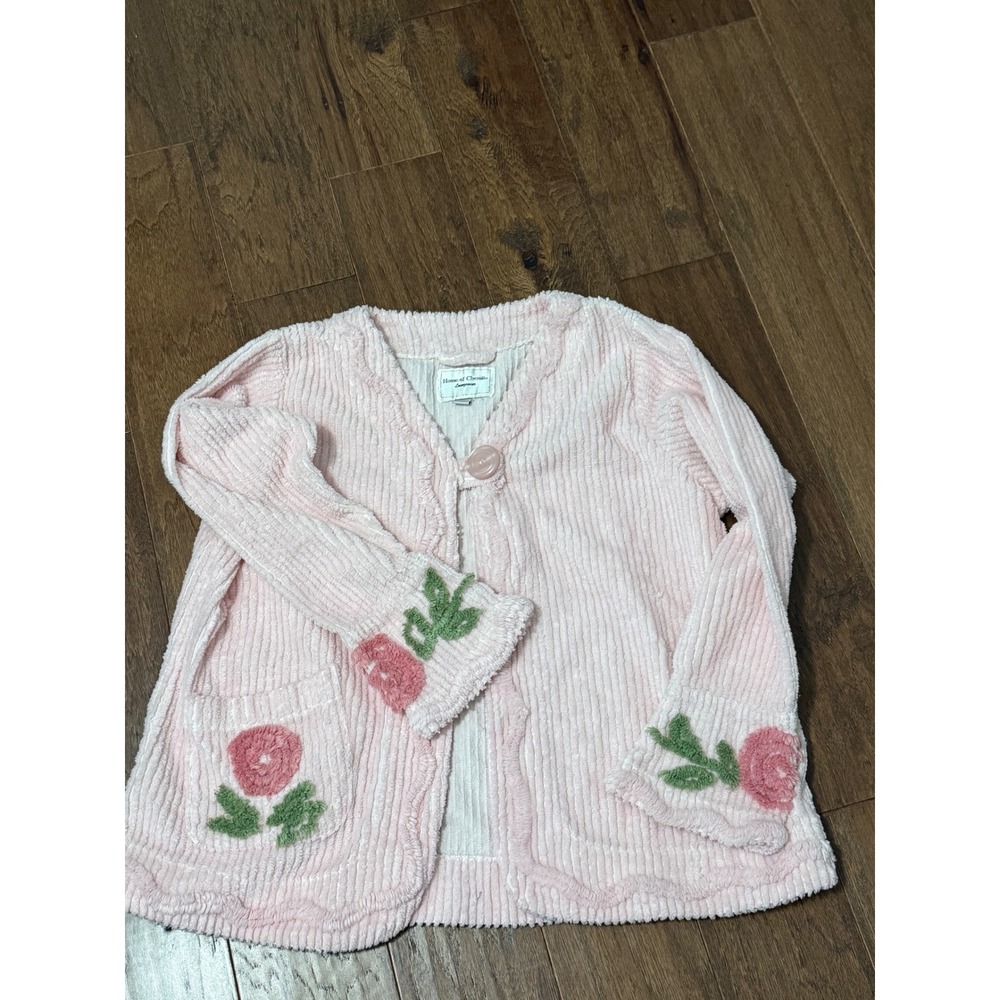 House of Chenille Pink Ribbed Cotton Cardigan Floral Tufted Loungewear Medium